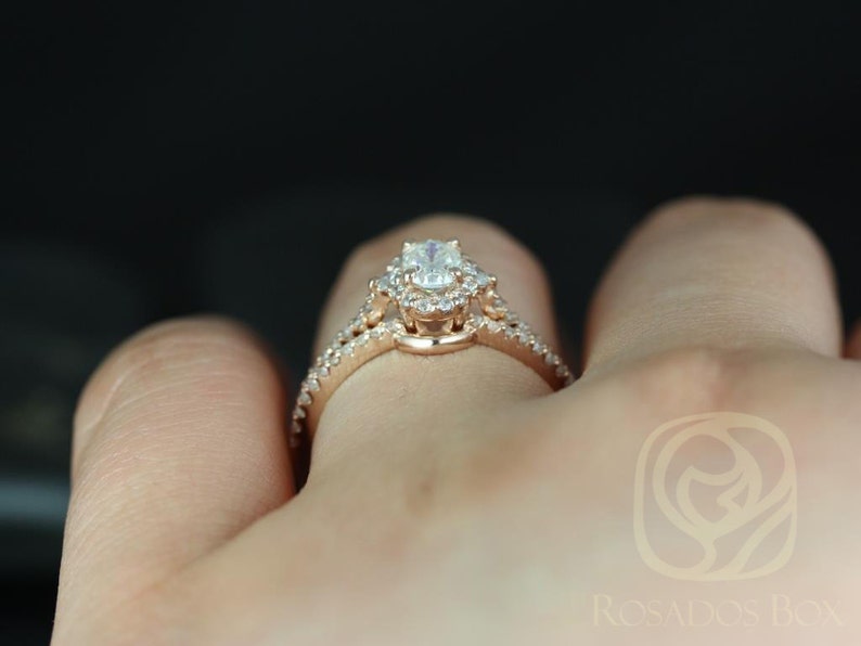 0.50ct Oval Moissanite Diamonds 3 Stone Unique Halo Bridal Set,14kt Solid Rose Gold,Bridgette 6x4mm image 4
