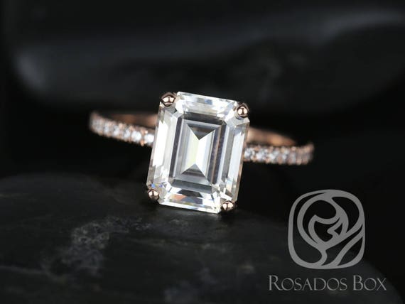 SALE Rosados Box Ready to Ship Vertical Becca 10x8mm 14kt Rose Gold Emerald FB Moissanite Diamonds Engagement Ring