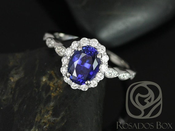 Ready to Ship Jubilee 8x6mm Oval Blue Sapphire Diamond Flower Petal Halo WITHOUT Milgrain Engagement Ring,14kt White Gold