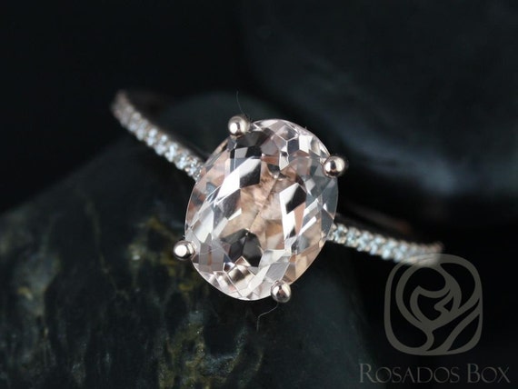 Rosados Box Ready to Ship Blake 10x8mm 14kt Solid Rose Gold Oval Morganite Diamonds Thin Cathedral Solitaire Wedding Set Rings Rings