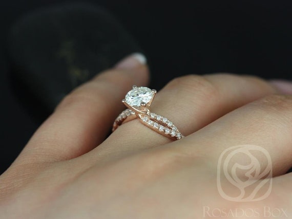 1ct Chloe 6.5mm 14kt Gold Moissanite Diamond Dainty Crossover Pave Twist Unique Round Engagement Ring