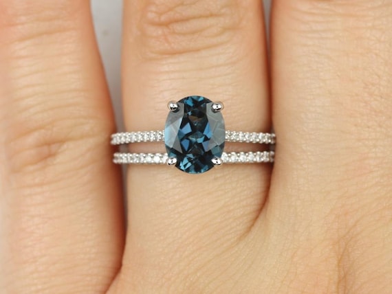 Blake 9x7mm 14kt White Gold London Blue Topaz Diamond Dainty Cathedral Oval Bridal Set,Oval Solitaire Wedding