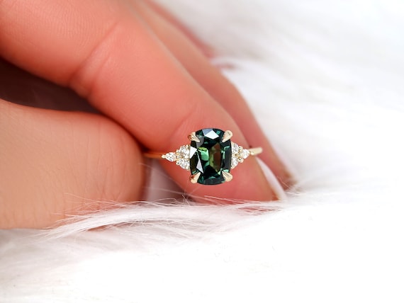 2.93ct Ready to Ship Petite Tinsley 14kt Gold Peacock Teal Sapphire Diamond Three Stone Cushion Ring,Unique Cluster Ring,Anniversary Gift