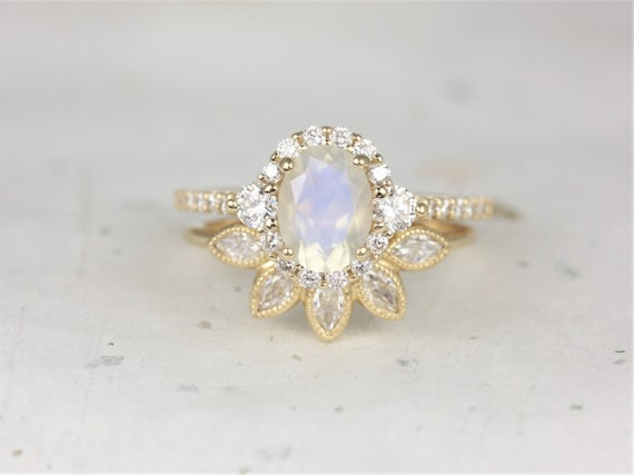 Bridgette 8x6mm & Petunia 14kt Solid Gold Rainbow Moonstone Diamonds Sapphire 3 Stone Unique Oval Halo Bridal Set