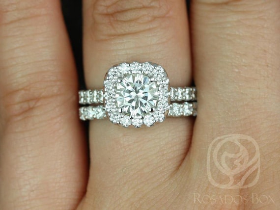 SALE Rosados Box Ready to Ship Trisha 6.5mm 14kt White Gold Round FB Moissanite Diamond Cushion Halo Wedding Set Rings