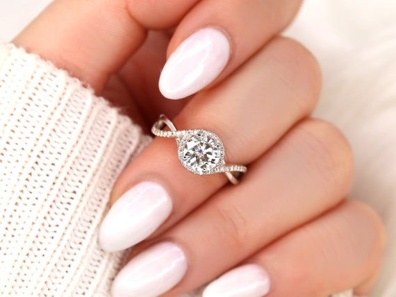 SALE 1.25ct Ready to Ship Maritza 7mm 14kt FB Moissanite Diamonds Halo Twist Ring,Round Halo Ring,Crossover Ring,Unique Wedding Ring