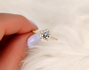 1.50ct Rebecca 8x6mm 14kt Gold Forever One Moissanite Diamond Dainty Micropave Oval Halo Engagement Ring