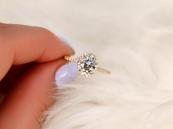 1.50cts Rebecca 8x6mm 14kt Gold Forever One Moissanite Diamond Dainty Micropave Oval Halo Engagement Ring