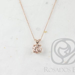 Donna 8mm 14kt Rose Gold Round Morganite Leaf Gallery Basket Solitaire Necklace