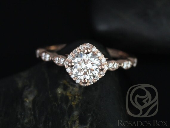 0.75cts Katya 6mm 14kt Rose Gold Moissanite Diamond WITHOUT Milgrain Art Deco Unique Halo Engagement Ring,Kite Set Halo Ring