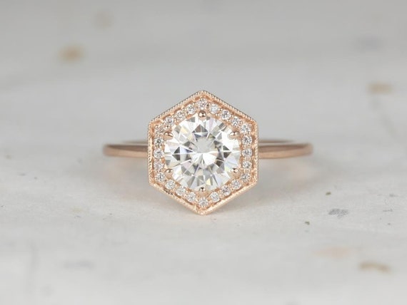 1.25ct Willis 7mm 14kt Rose Gold Moissanite Diamonds WITH Milgrain Art Deco Engagement Ring,Hexagon Halo Ring,Gift For Her