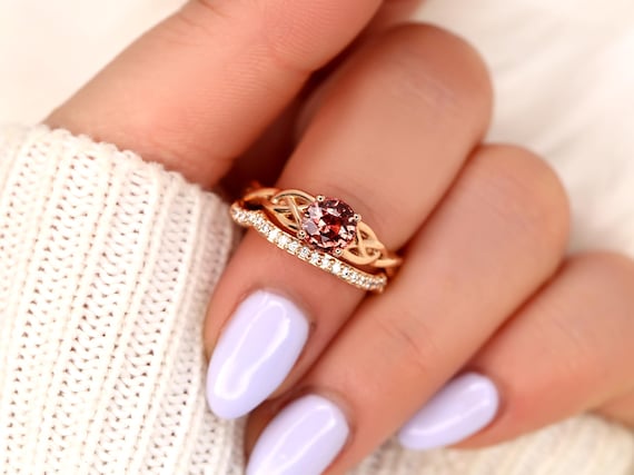 1.34ct Cassidy 14kt Rose Gold Cinnamon Fire Sapphire Diamond Round Celtic Bridal Set,Unique Sapphire Engagement Ring,Sapphire Wedding Ring