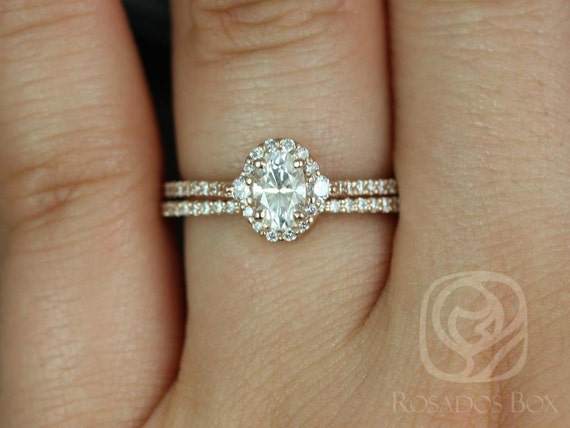 0.50ct Bridgette 6x4mm 14kt Moissanite Diamond Unique Halo Bridal Set,Oval Wedding Ring Set,Oval Engagement Ring Set,Unique Wedding Ring