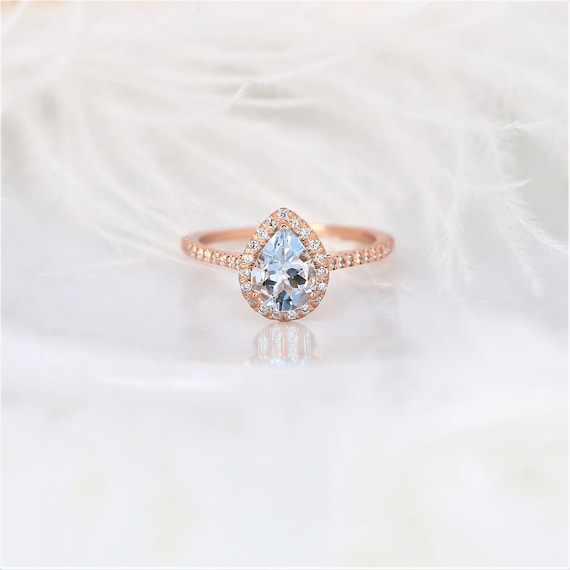 Ready to Ship Tabitha 8x6mm 14kt Rose Gold Aquamarine Diamond Dainty Pave Pear Halo Ring,Pear Aquamarine Engagement Ring,Unique Halo Ring