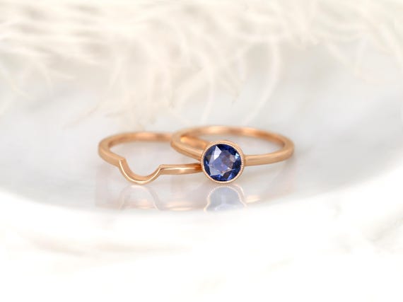 0.88ct Ready to Ship Ida 14kt Rose Gold Round Rose Cut Blue Sapphire Bridal Set,Rose Cut Ring,Bezel Set Ring,Unique Ring,Anniversary Gift