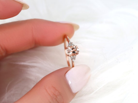 0.70ct Ready to Ship Juniper 14kt Rose Gold Peach Sapphire Diamond Dainty Oval Cluster Ring,Unique Ring,Art Deco Ring,September Birthstone