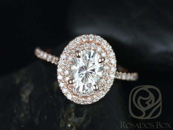 1.50ct Cara 8x6mm 14kt Rose Gold Moissanite Diamond Dainty Minimalist Pave Oval Double Halo Engagement Ring