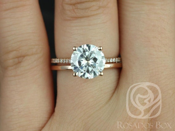 2.70ct Eloise 9mm & Plain Bd 14kt Rose Gold Moissanite Diamonds Dainty Round Solitaire Accent Bridal Set