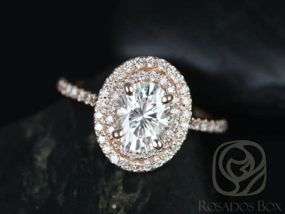 SALE Rosados Box Ready to Ship Cara 8x6mm 14kt Rose Gold Oval FB Moissanite Diamonds Thin Double Halo Engagement Ring