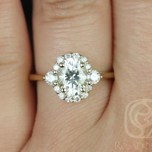 1.50cts Britney 8x6mm 14kt Moissanite Diamonds Oval Halo Engagement Ring,Three Stone Ring,Art Deco Halo Ring,Unique Oval Ring,Gift For Her image 1