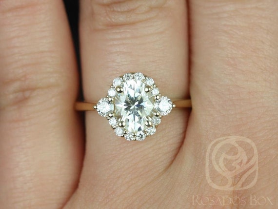 1.50cts Britney 8x6mm 14kt Moissanite Diamonds Oval Halo Engagement Ring,Three Stone Ring,Art Deco Halo Ring,Unique Oval Ring,Gift For Her