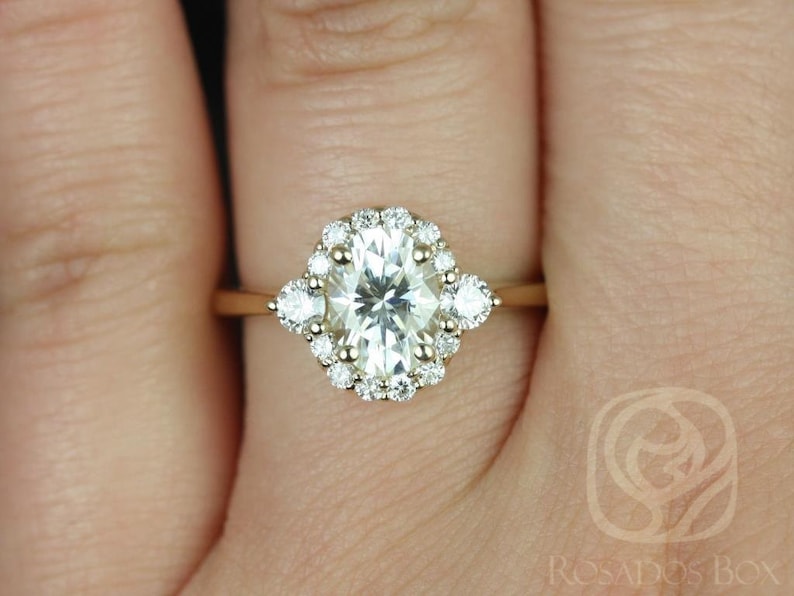 1.50cts Britney 8x6mm 14kt Moissanite Diamonds Oval Halo Engagement Ring,Three Stone Ring,Art Deco Halo Ring,Unique Oval Ring,Gift For Her image 1