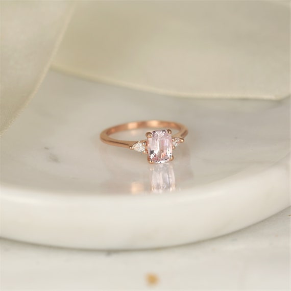 1.40ct Ready to Ship Petite Ellis 14kt Rose Gold Blush Peach Sapphire Diamond Minimalist 3 Stone Pear Cushion Engagement Ring