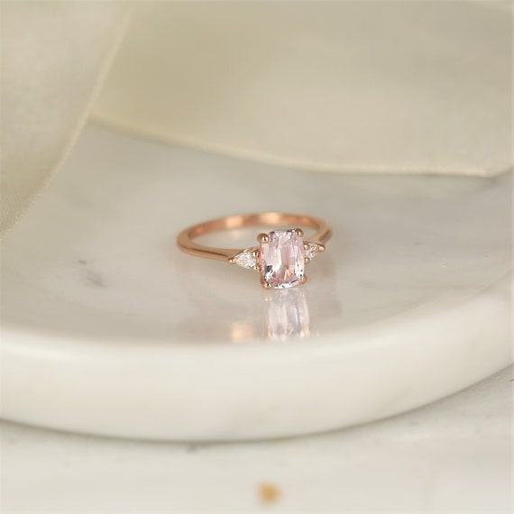 1.40ct Ready to Ship Petite Ellis 14kt Rose Gold Blush Peach Sapphire Diamond Minimalist 3 Stone Pear Cushion Engagement Ring