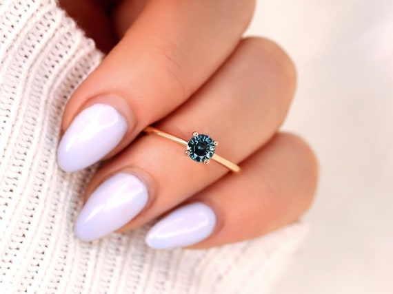 0.74ct Ready to Ship Skinny Alberta 14kt Rose Gold Teal Blue Sapphire Round Solitaire Ring,Teal Sapphire Engagement Ring,Sapphire Ring