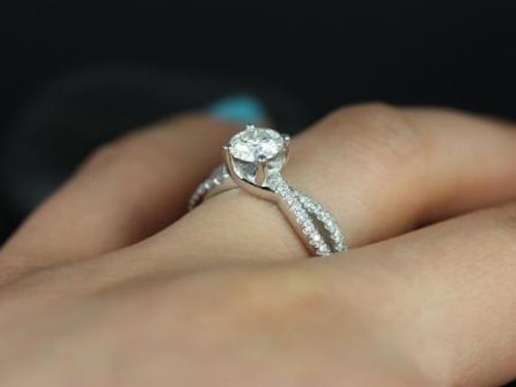 Ready to Ship Karina 6mm 14kt YELLOW Gold Forever One Moissanite Diamonds Crossover Pave Twist Round Engagement Ring