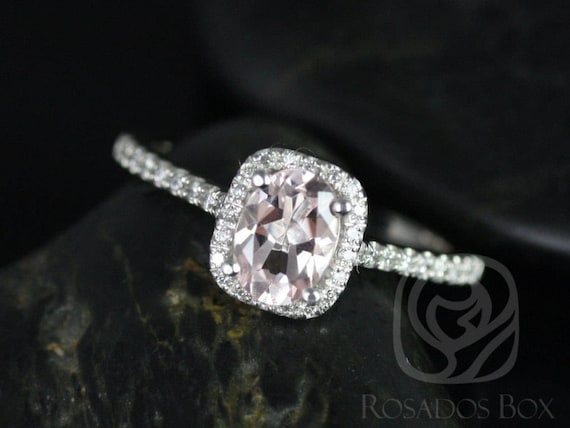 Rosados Box Ready to Ship Romani 7x5mm 14kt White Gold Morganite and Diamonds Cushion Halo Engagement Ring