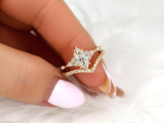 1ct Astrid & Chevy 14kt Gold Diamond Marquise Cluster Wedding Ring Set,Dainty Unique Art Deco Ring,Diamond Engagement Ring,Marquise Ring Set