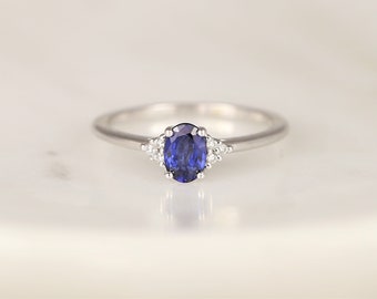 Juniper 6x4mm 14kt Gold Blue Sapphire Diamonds Dainty Oval Cluster 3 Stone Stack Ring