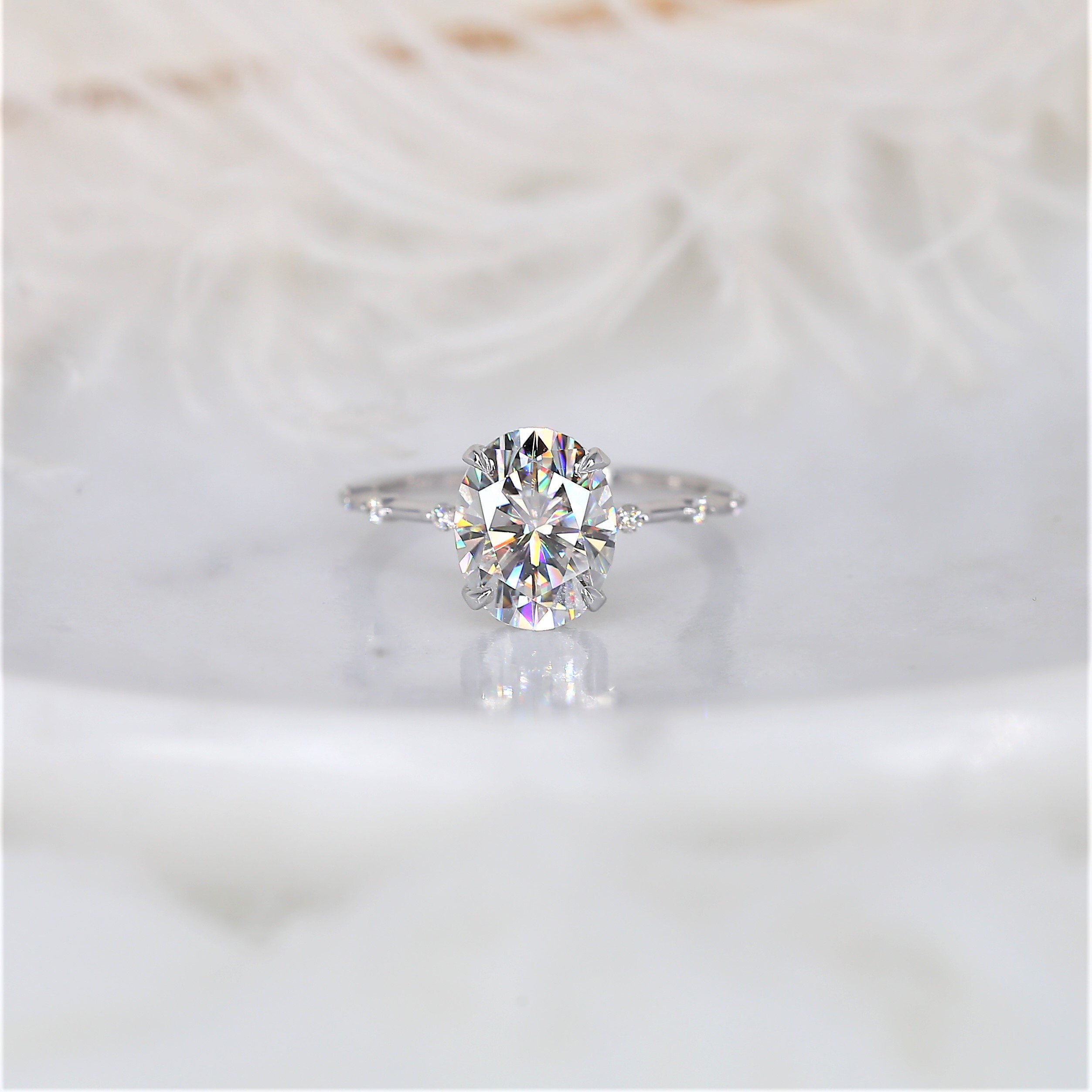 1.50ct Petite Coraline 8x6mm 14kt Moissanite Diamond Art Deco Cluster Oval  Ring,Oval Solitaire Accent Ring,Unique Oval Engagement Ring