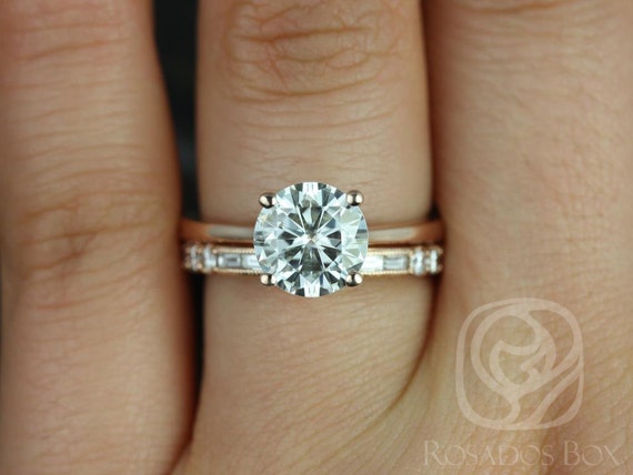 2ct Skinny Flora 8mm & Gabriella 14kt Moissanite Diamond Art Deco Round Solitaire Bridal Set,Round Engagement Ring Set,Wedding Ring Set