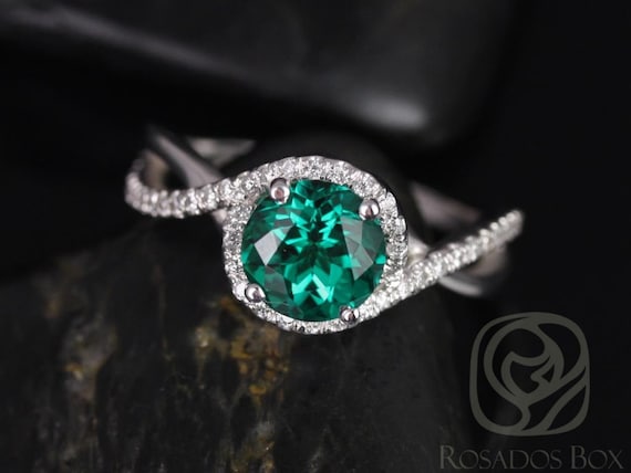 Maritza 7mm 14kt White Gold Green Emerald Diamonds Twisted Unique Halo Engagement Ring