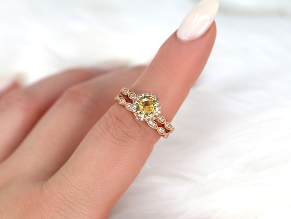 2.06cts Ready to Ship Katya 14kt Rose Gold Yellow Sapphire Diamonds Kite Set Cushion Halo Bridal Set,Unique Halo Ring,September Birthstone