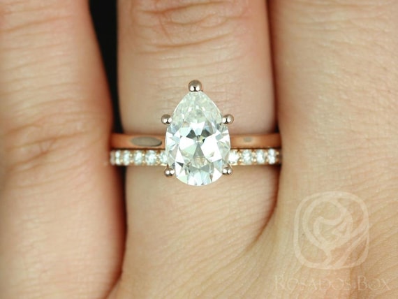 2cts Skinny Jane 10x7mm & Taylor 14kt Rose Gold Moissanite Dainty Pave Pear Solitaire Bridal Set