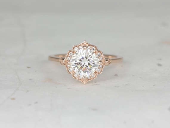 1.70ct Lily 7mm 14kt Rose Gold Moissanite Diamond WITHOUT Milgrain Art Deco Kite Set Cushion Halo Engagement Ring,Unique Ring