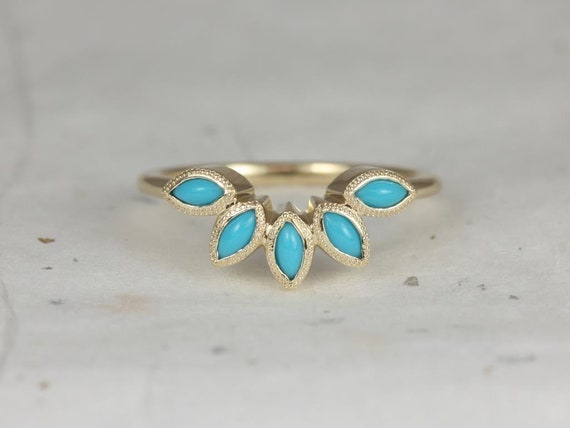 Ready to Ship Petunia 14kt Yellow Gold Marquise Turquoise Leaves Nesting Ring,Unique Wedding Ring,Curved Ring,Contoured Ring,Anniversary