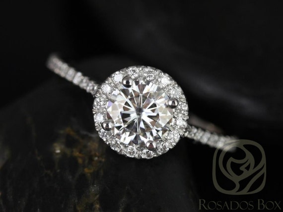 Ready to Ship Kubian 6mm 14kt White Gold Round Forever One Moissanite Diamonds Dainty Pave Halo Engagement Ring