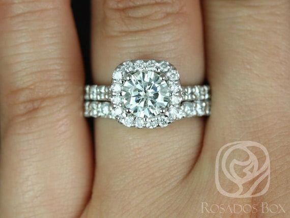 SALE Rosados Box Ready to Ship Trisha 7mm 14kt White Gold Round FB Moissanite Diamond Cushion Halo Wedding Set Rings