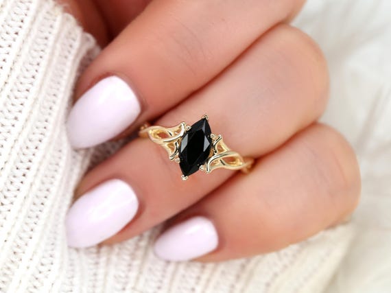 Oriella 10x5mm 14kt Onyx Celtic Knot Ring,Unique Triquetra Ring,Marquise Engagement Ring,Crossover Ring,Anniversary Ring,Unique Onyx Ring