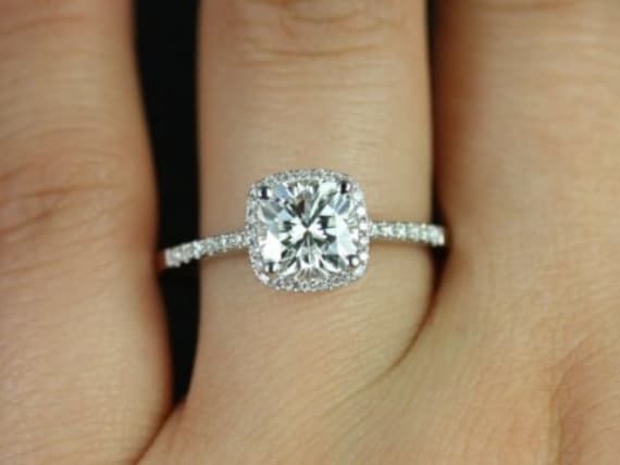1.50ct Randi 14kt White Gold 7mm Moissanite Diamond Cushion Halo Ring,Cushion Engagement Ring,Cushion Wedding Ring,Anniversary Ring
