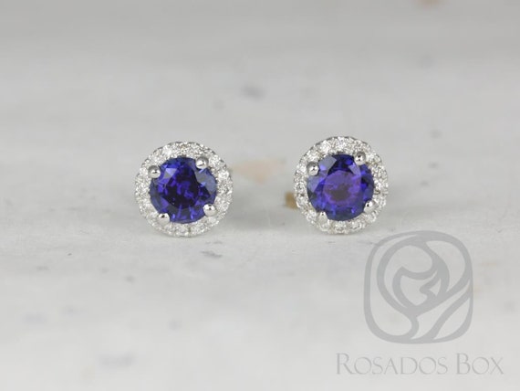 Ready to Ship Gemma 5mm 14kt White Gold Round Blue Sapphire and Diamonds Halo Stud Earrings