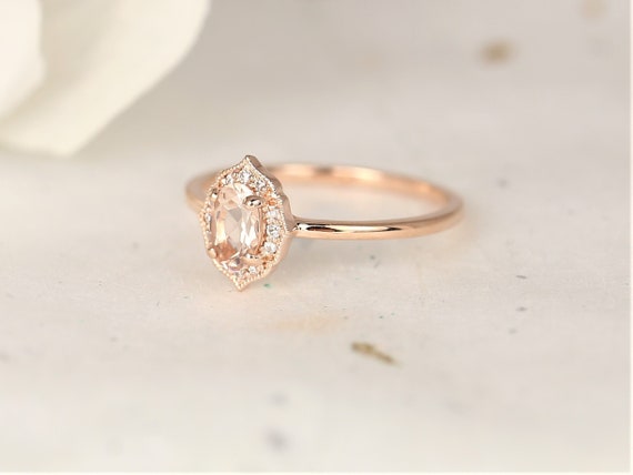 Ready to Ship Mini Mae 6x4mm 14kt Rose Gold Morganite Diamond Dainty Art Deco Unique Oval Halo WITH Milgrain Ring