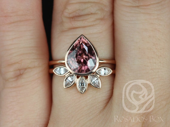 Rosados Box DIAMOND FREE Isla 3.44cts & Petunia 14kt Rose Gold Pear Raspberry Zircon Bezel Petal Wedding Set