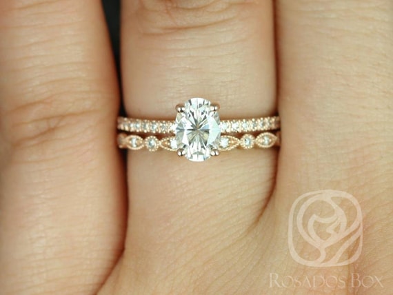 1ct Darcy 7x5mm & Gwen 14kt Moissanite Diamond Art Deco Oval Solitaire Bridal Set,Unique Oval Engagement Ring,Oval Wedding Ring,Anniversary