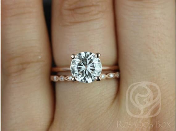 2ct Skinny Alberta 8mm & Gwen 14kt Rose Gold Moissanite Diamond Dainty Round Solitaire Bridal Set