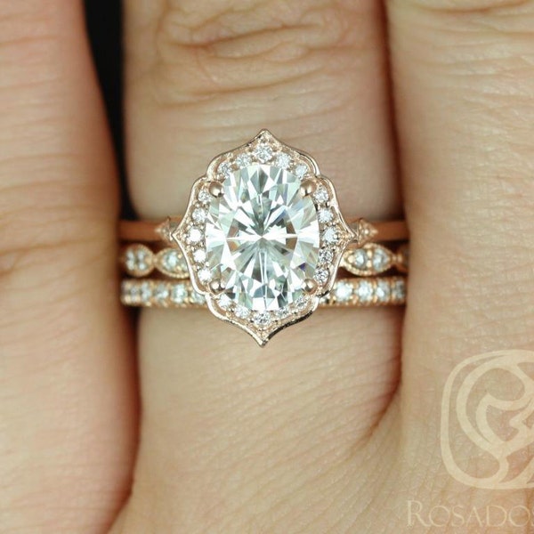 2ct Mae 9x7mm Christie Pernella 14kt Moissanite Diamond Vintage Halo TRIO Bridal Set,Art Deco Halo Ring,Unique Halo Ring,Anniversary Gift